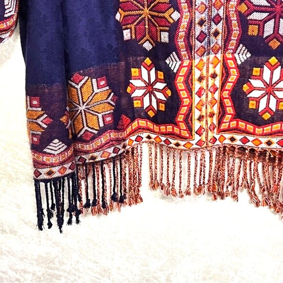 TIME FOR ME Aztec Print Cardigan with Fring Blue/Red Oversized Boho Size S/M - Picture 5 of 10